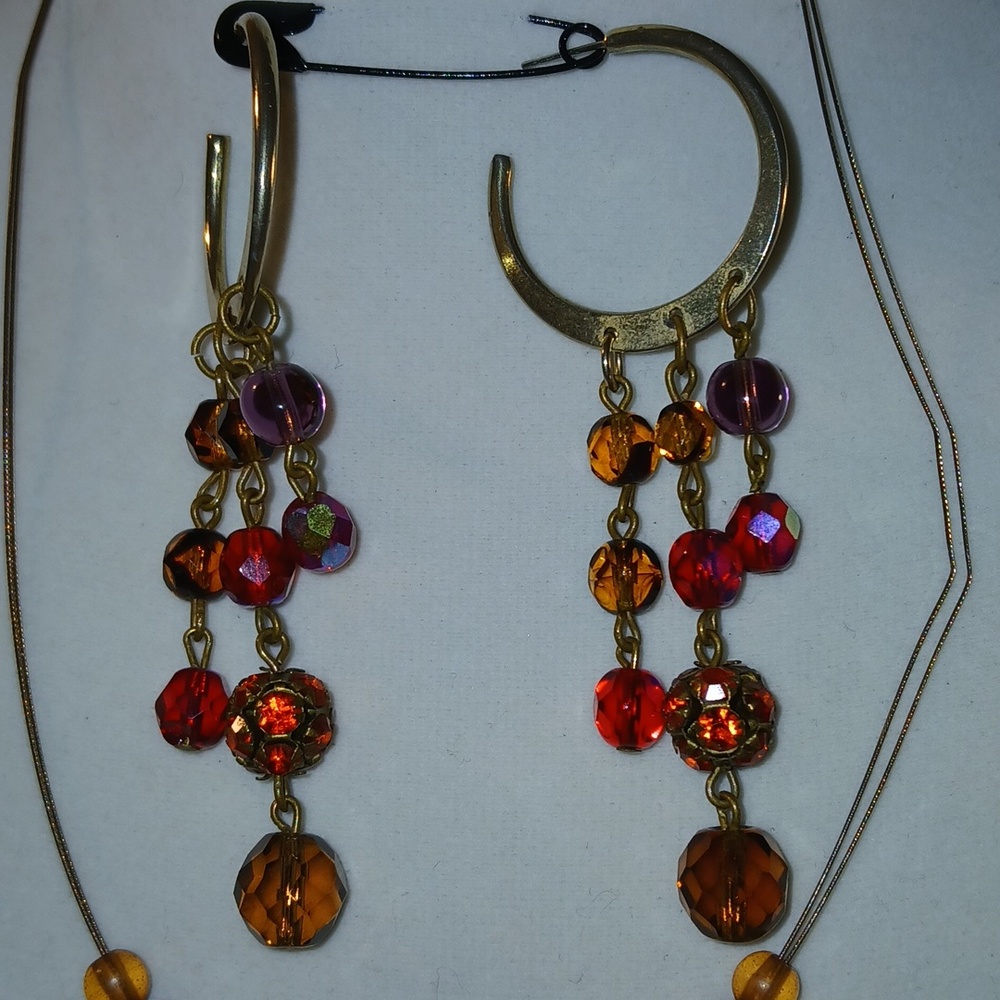 Boho Heart Pendant Necklace with Dangle Bead Earrings - Orange & Red - Picture 3 of 5